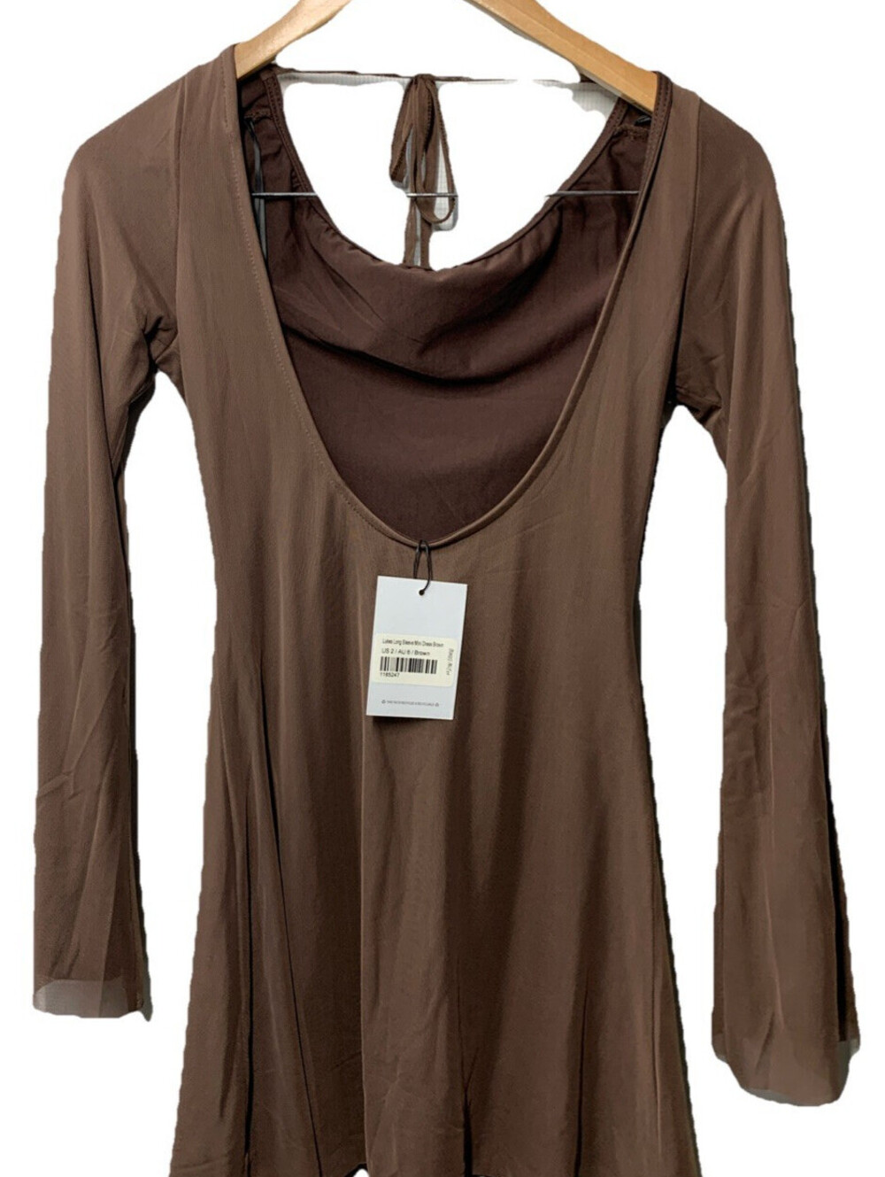 Princess Polly Lukea Long Sleeve Mini Dress Low Tie Back Tie Fully Lined 2 Brown